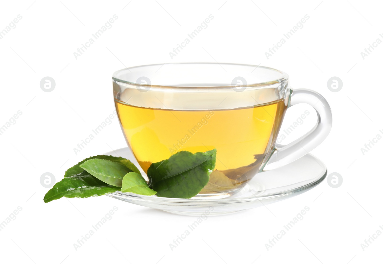 Photo of Tasty green tea and fresh leaves on white background