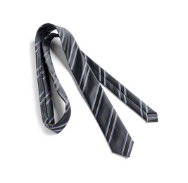 Photo of One striped necktie isolated on white, above view