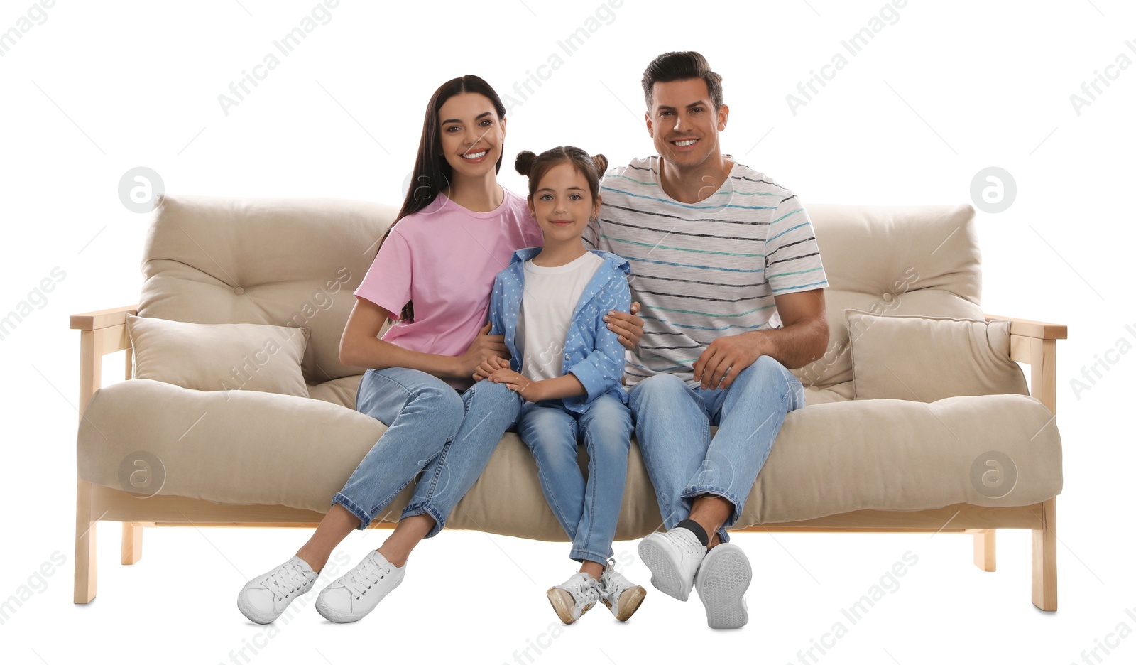 Photo of Happy family resting on comfortable sofa against white background