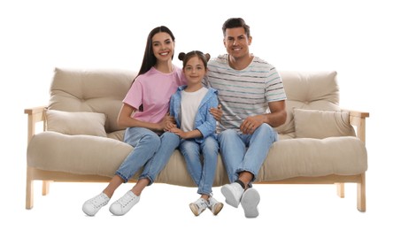 Happy family resting on comfortable sofa against white background