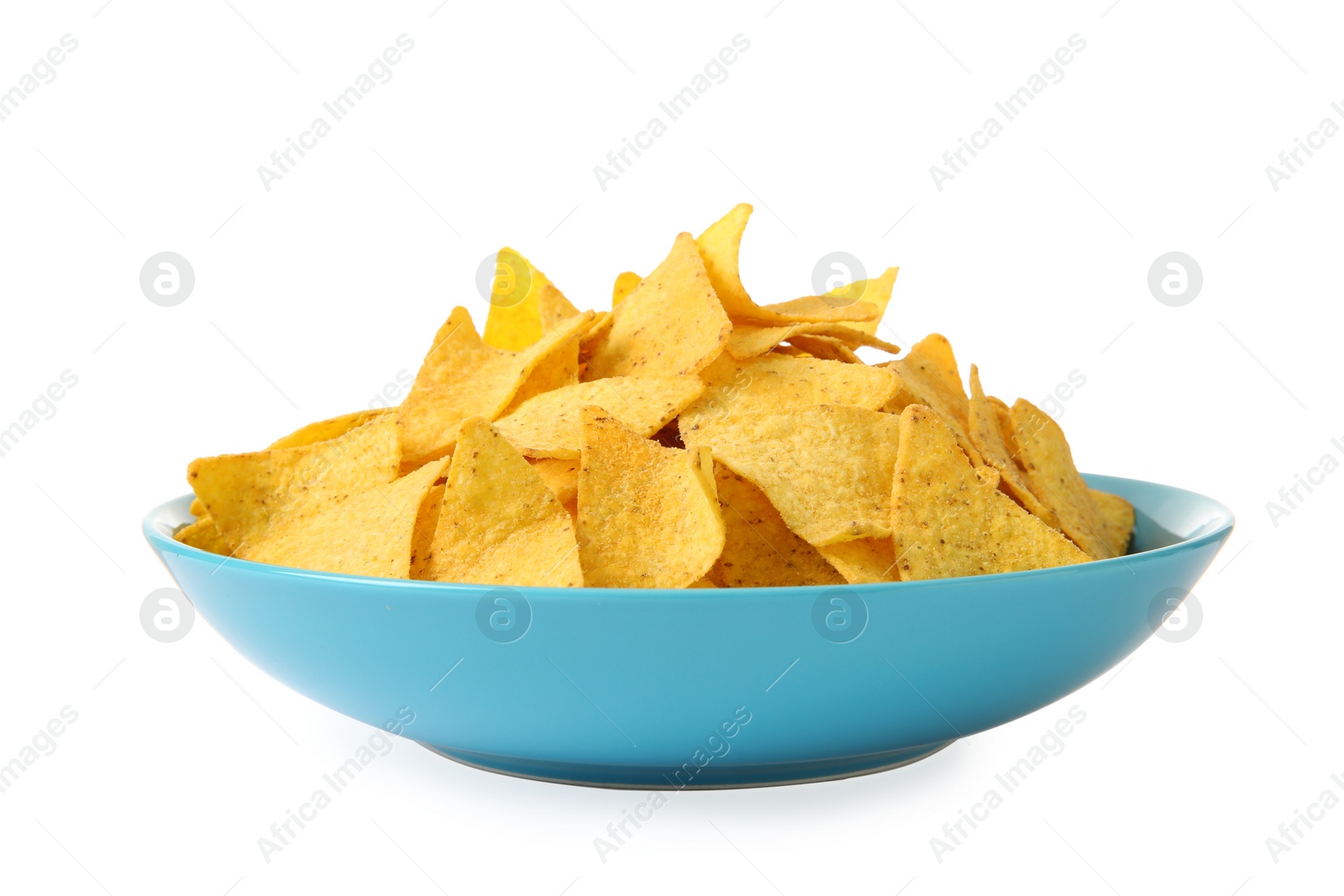 Photo of Color ceramic plate of Mexican nachos chips on white background