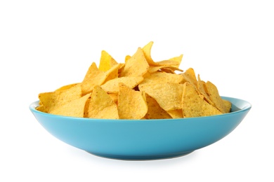 Photo of Color ceramic plate of Mexican nachos chips on white background