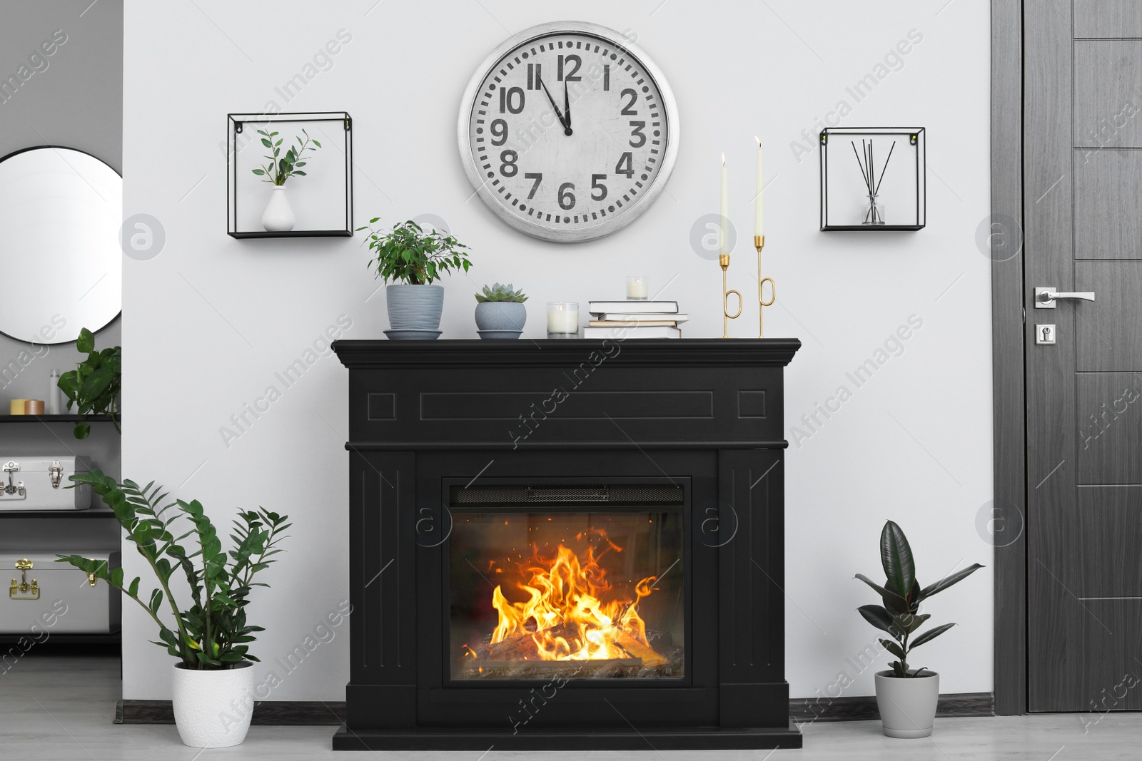 Photo of Stylish living room interior with fireplace and green plants