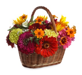 Beautiful wild flowers in wicker basket isolated on white