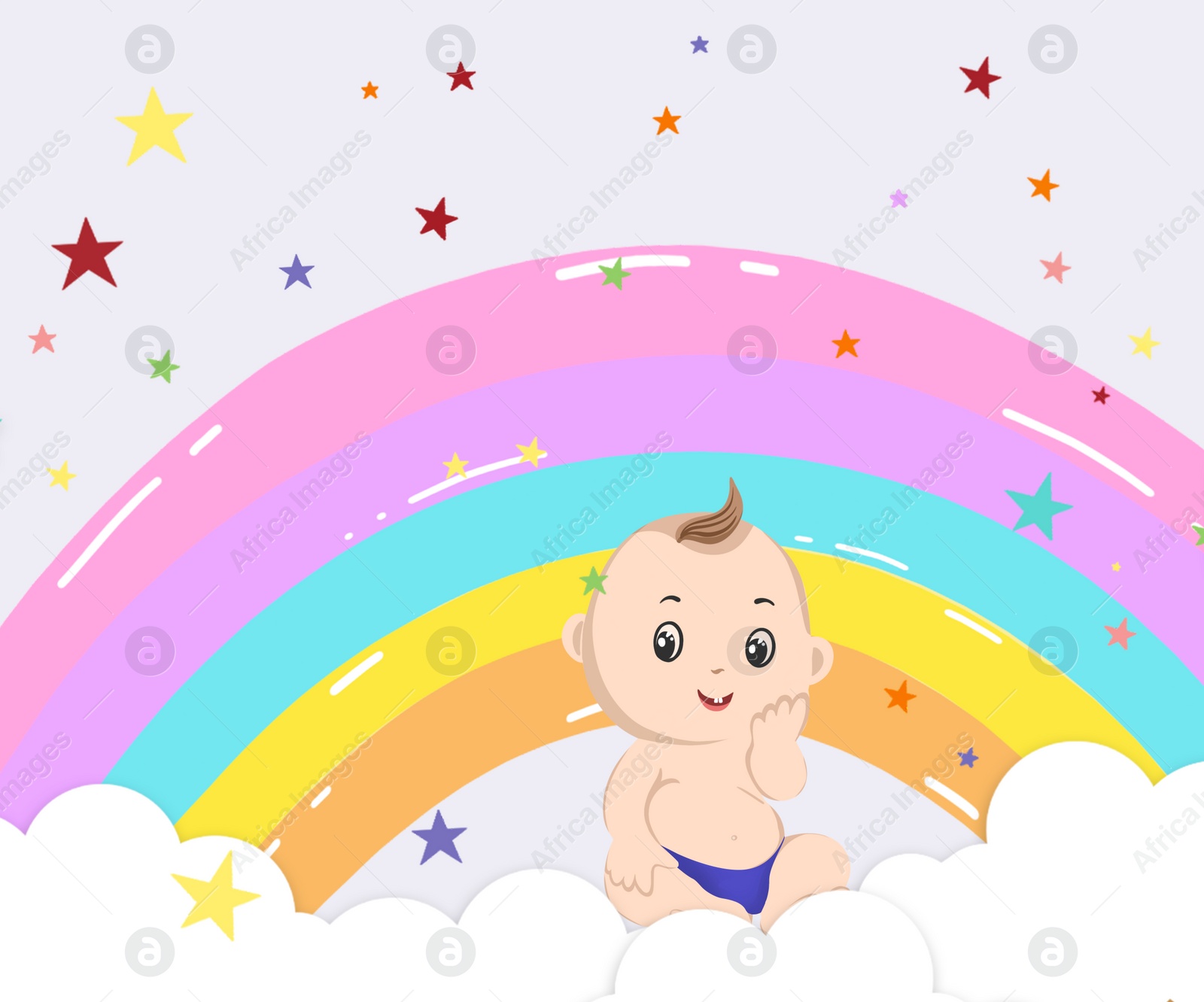 Illustration of National Rainbow Baby Day card.  rainbow, clouds, stars and cute child on white background