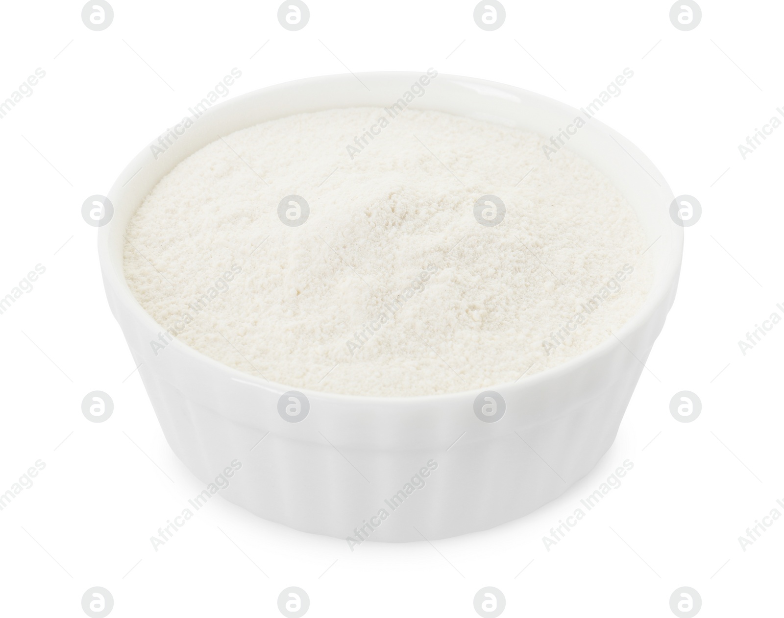 Photo of Baking powder in bowl isolated on white