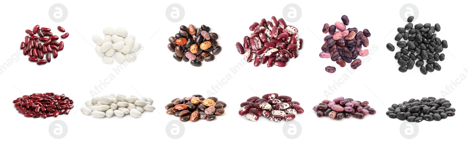 Image of Different raw kidney beans isolated on white. Collection with top and side views