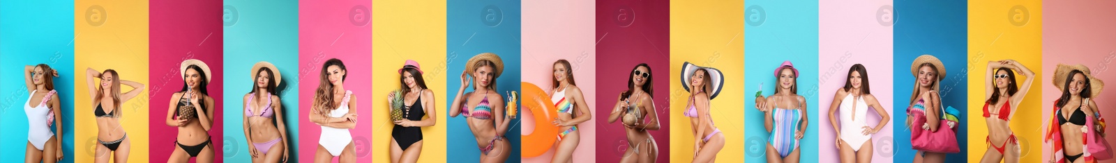 Image of Collage with beautiful photos themed to summer party and vacation. Pretty young women wearing swimsuits on different color backgrounds, banner design