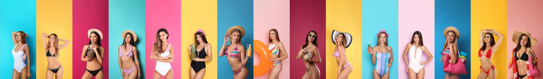 Collage with beautiful photos themed to summer party and vacation. Pretty young women wearing swimsuits on different color backgrounds, banner design