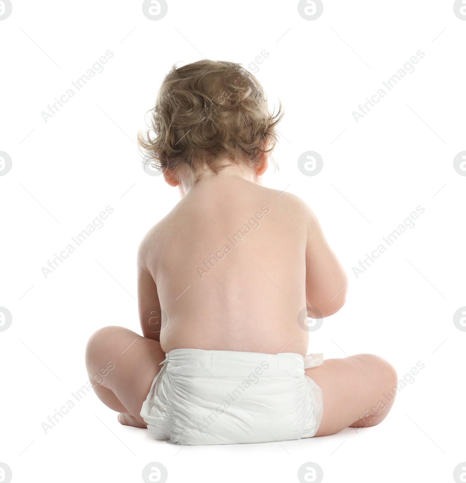 Photo of Cute little baby in diaper on white background