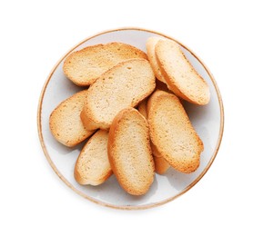 Photo of Plate of hard chuck crackers on white background, top view