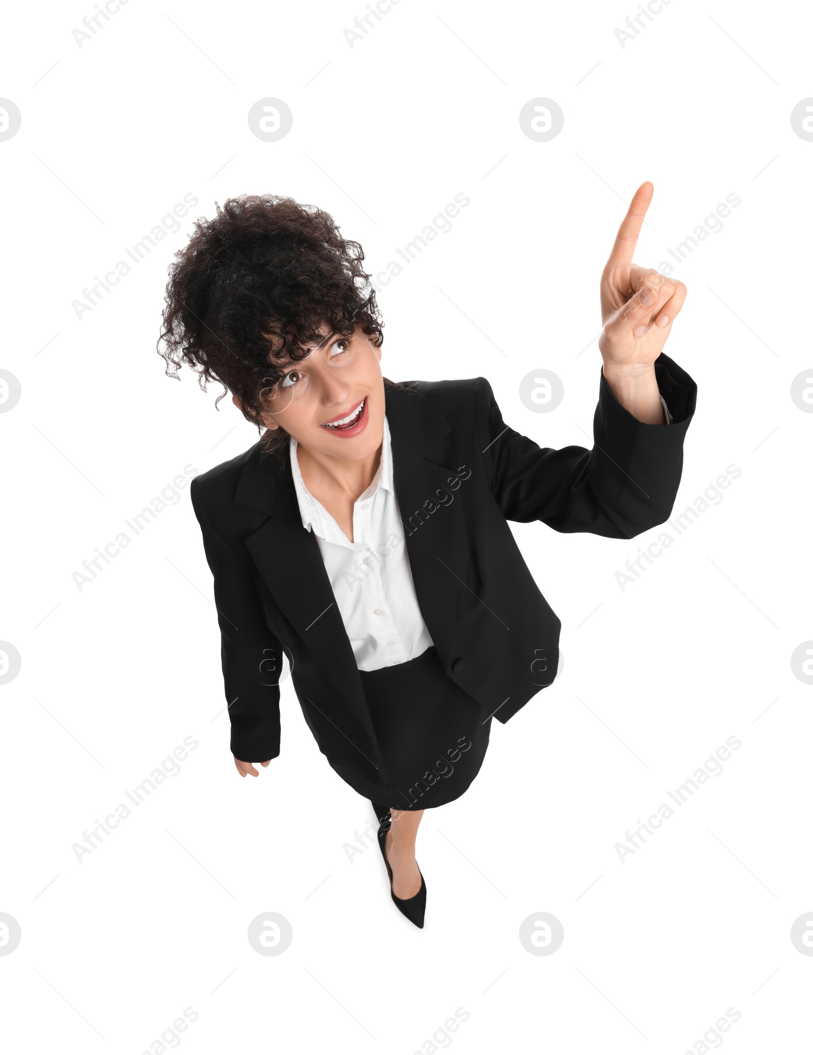 Photo of Beautiful businesswoman in suit pointing at something on white background, above view