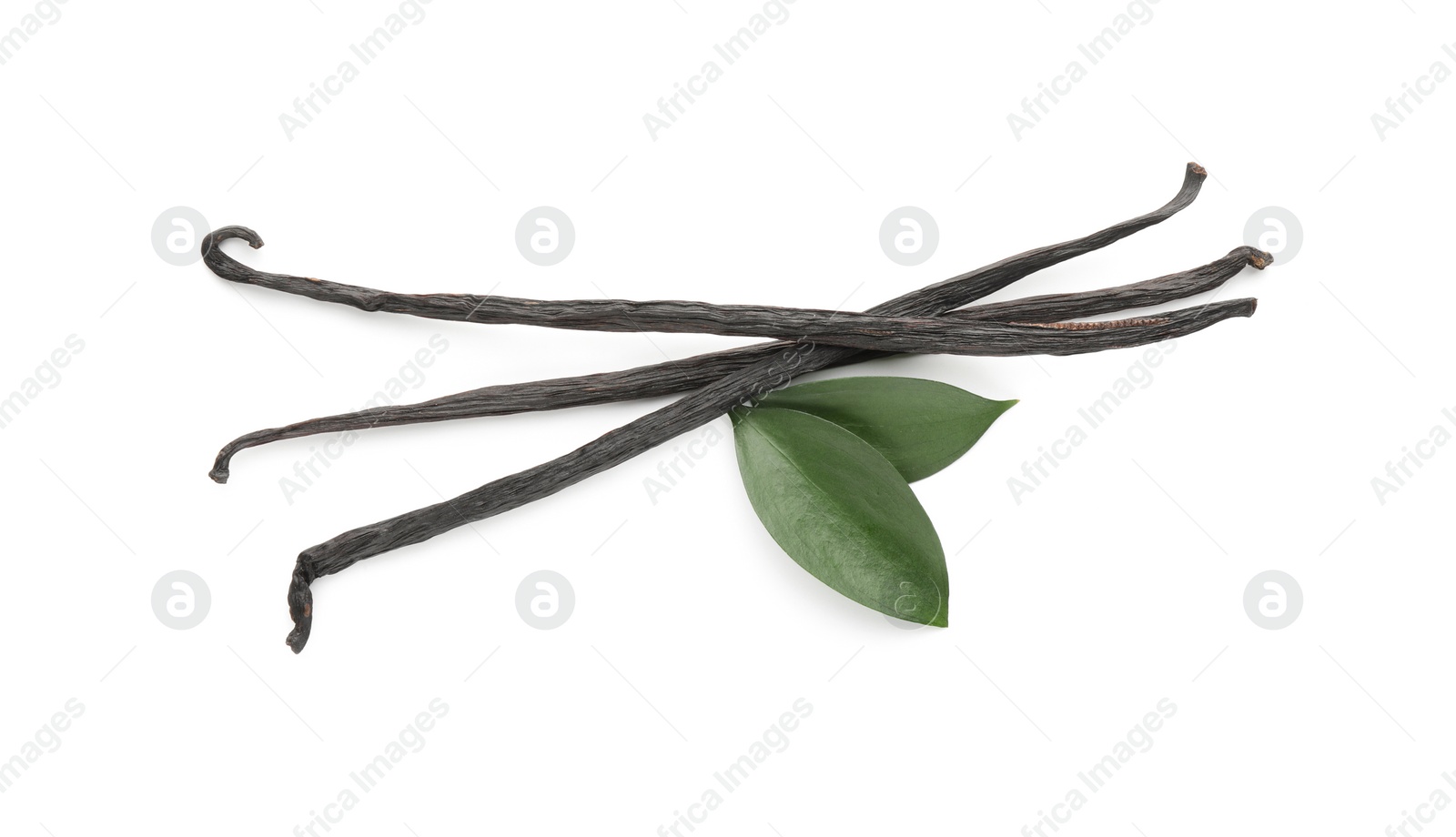 Photo of Aromatic vanilla pods and leaves isolated on white, top view