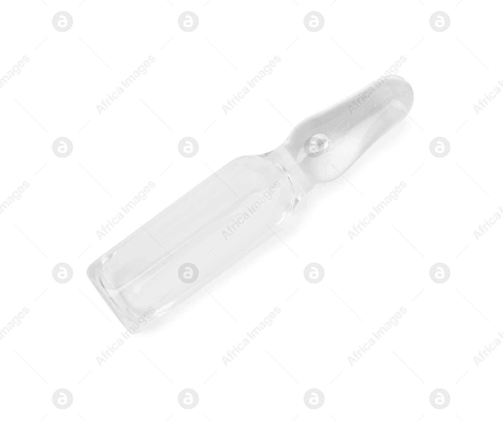 Photo of One glass ampoule with liquid isolated on white, top view