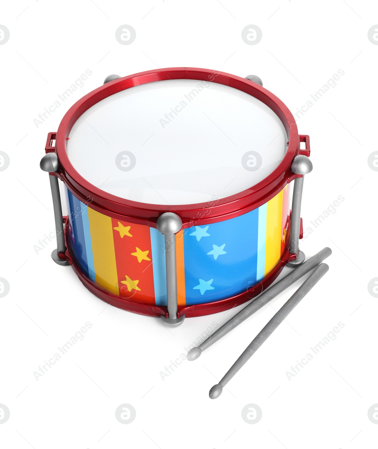 Photo of Bright drum with sticks isolated on white