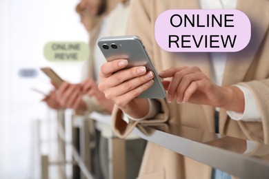 Image of Online review. People using mobile phones to leave feedback, closeup