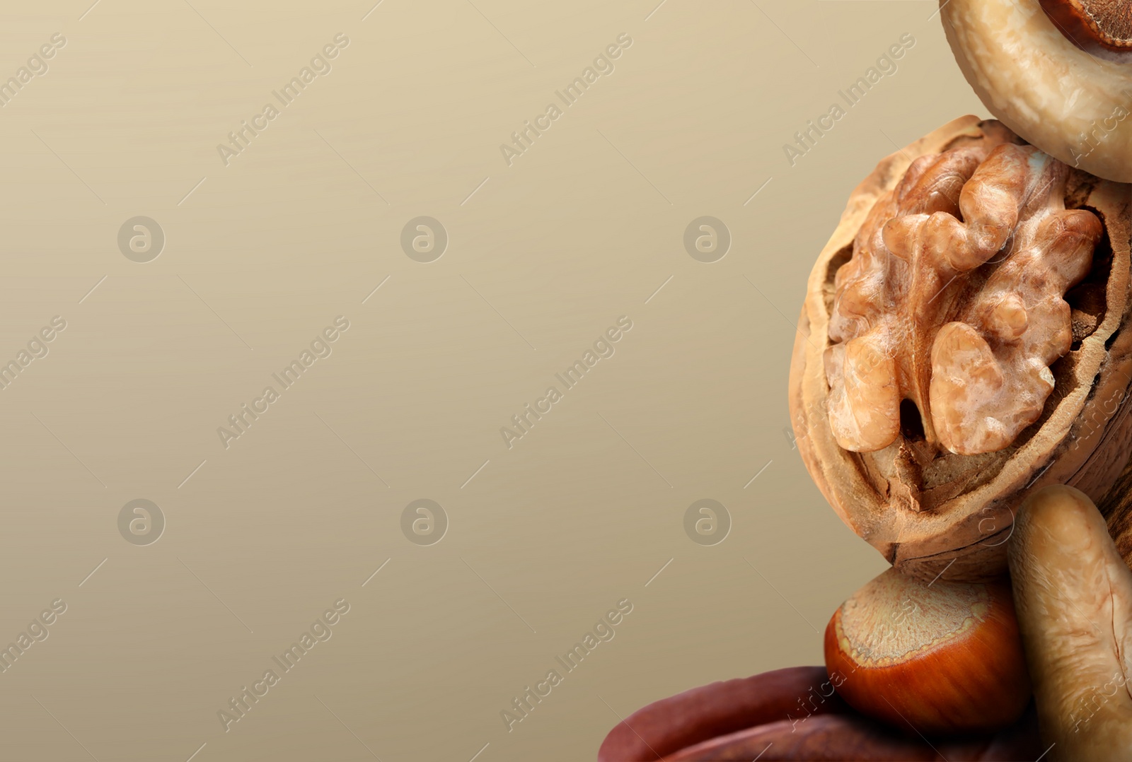 Image of Many different nuts on light brown gradient background, space for text