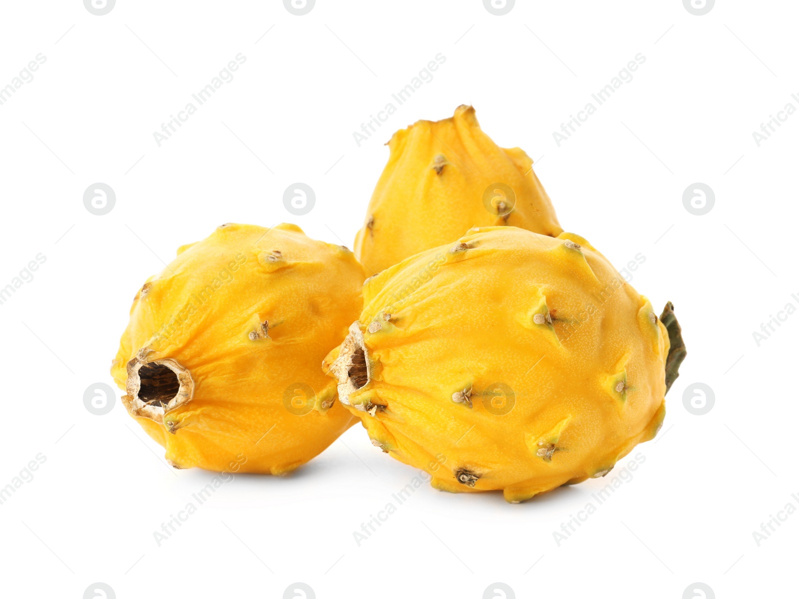 Photo of Delicious yellow dragon fruits (pitahaya) on white background