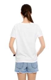 Young woman in t-shirt on white background. Mock up for design