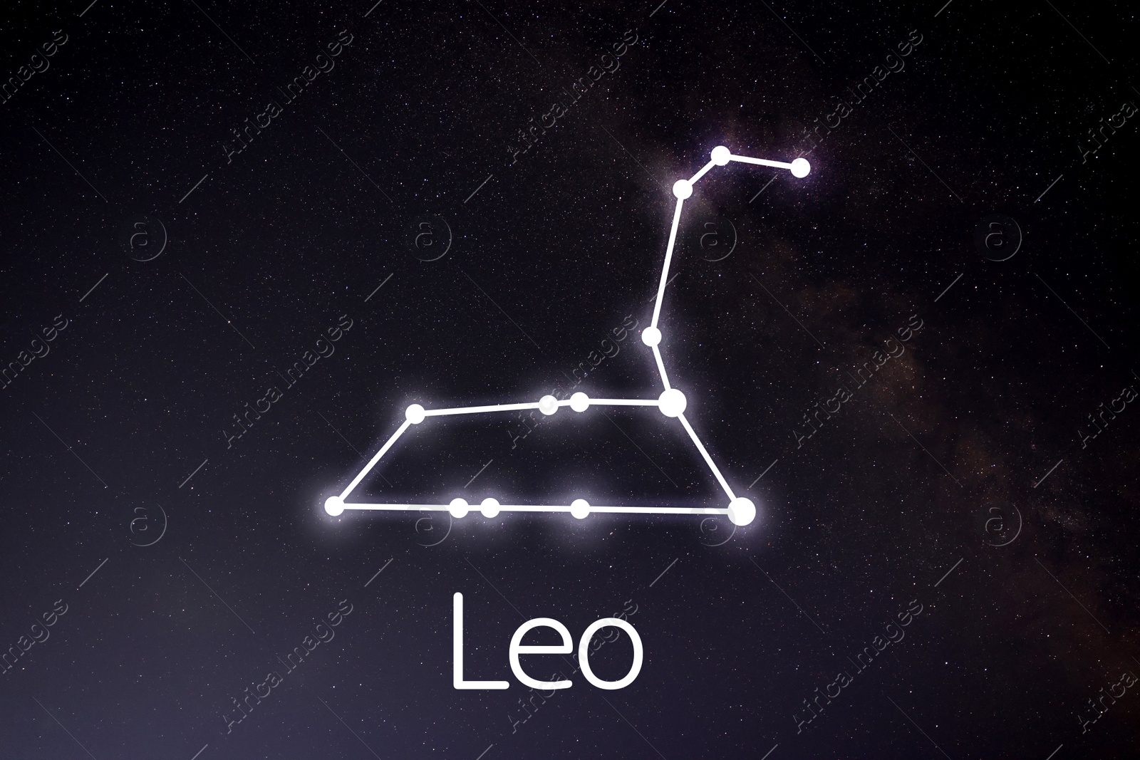 Image of Leo (Lion) constellation. Stick figure pattern in starry night sky