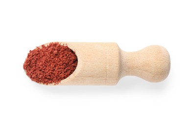 Photo of Wooden scoop with dried cranberry powder isolated on white, top view