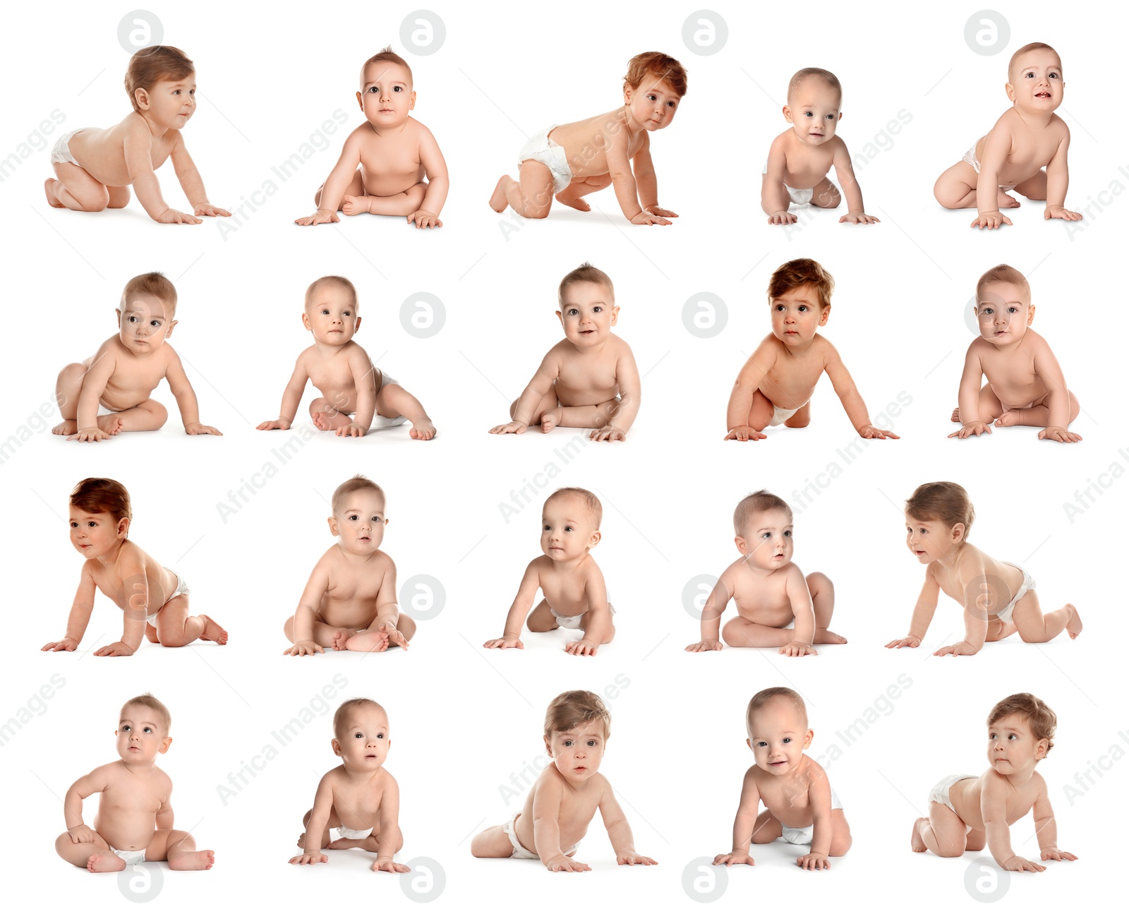 Image of Collage of cute little babies on white background