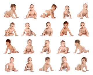 Collage of cute little babies on white background