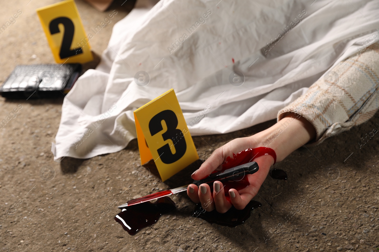 Photo of Crime scene with dead woman's body, bloody knife and markers outdoors, closeup