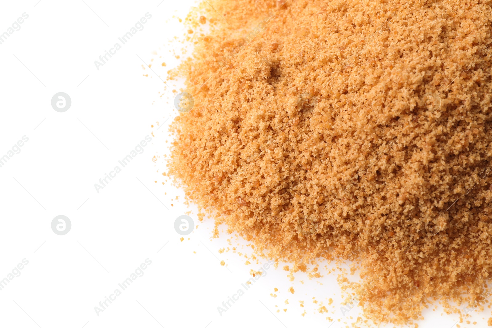 Photo of Pile of coconut sugar isolated on white, top view