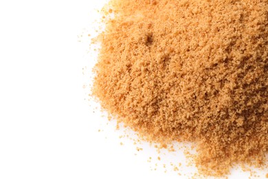 Photo of Pile of coconut sugar isolated on white, top view