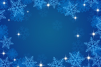 Illustration of Frame made of snowflakes on blue background. Space for text