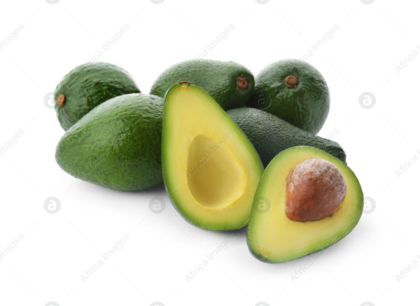 Photo of Ripe avocados on white background. Tropical fruit