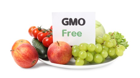 Photo of Fresh fruits, vegetables and card with text GMO Free on white background