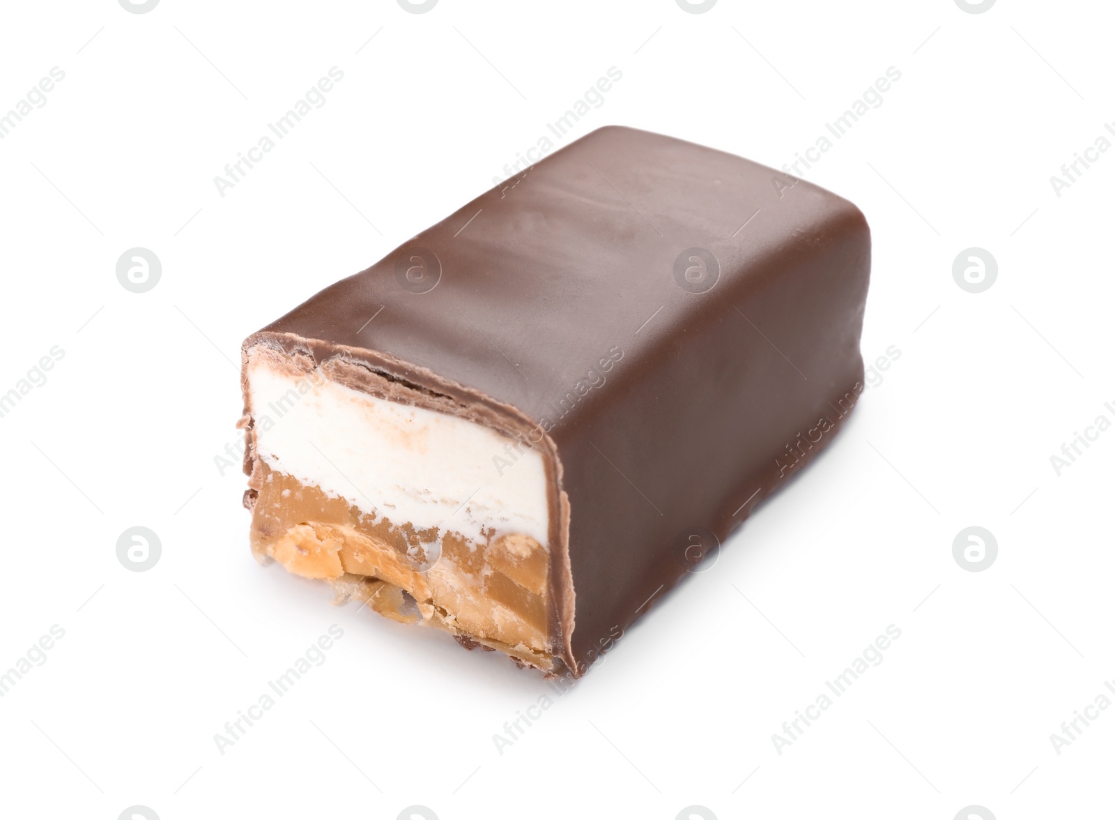Photo of Piece of tasty chocolate bar with nougat and nuts isolated on white