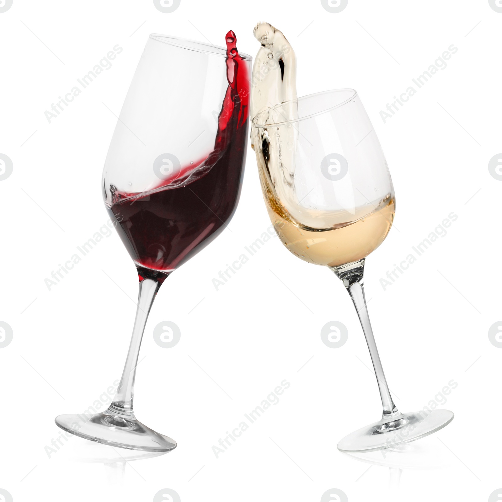 Image of Different types of wine splashing in glasses on white background