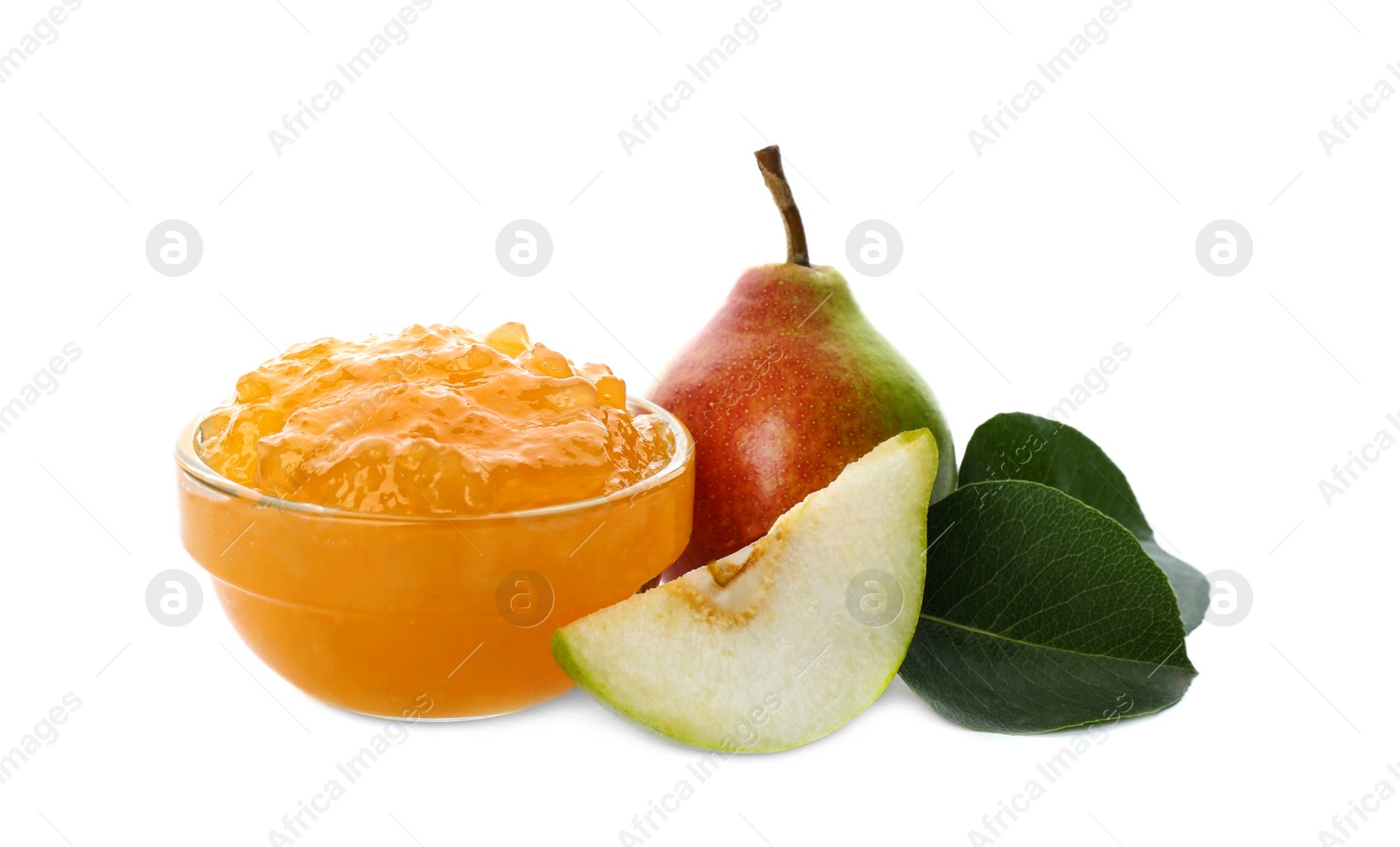 Photo of Delicious pear jam and fresh fruits on white background