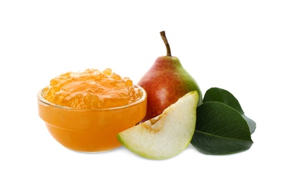 Photo of Delicious pear jam and fresh fruits on white background