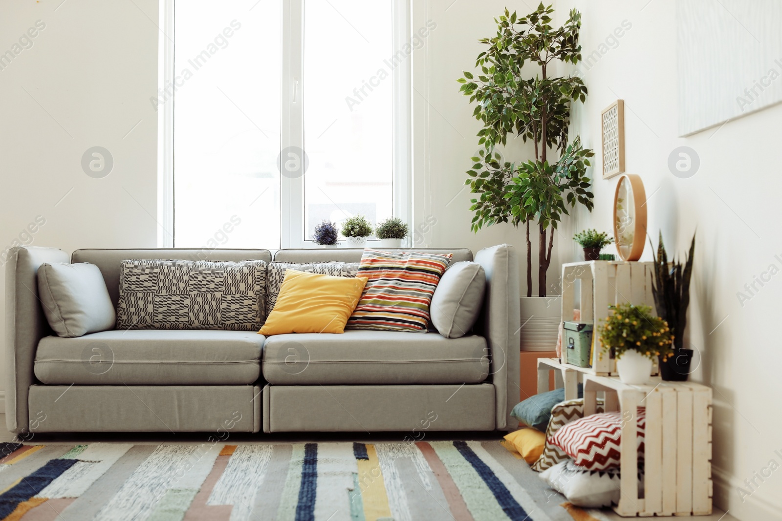 Photo of Interior of modern living room with pillows on sofa