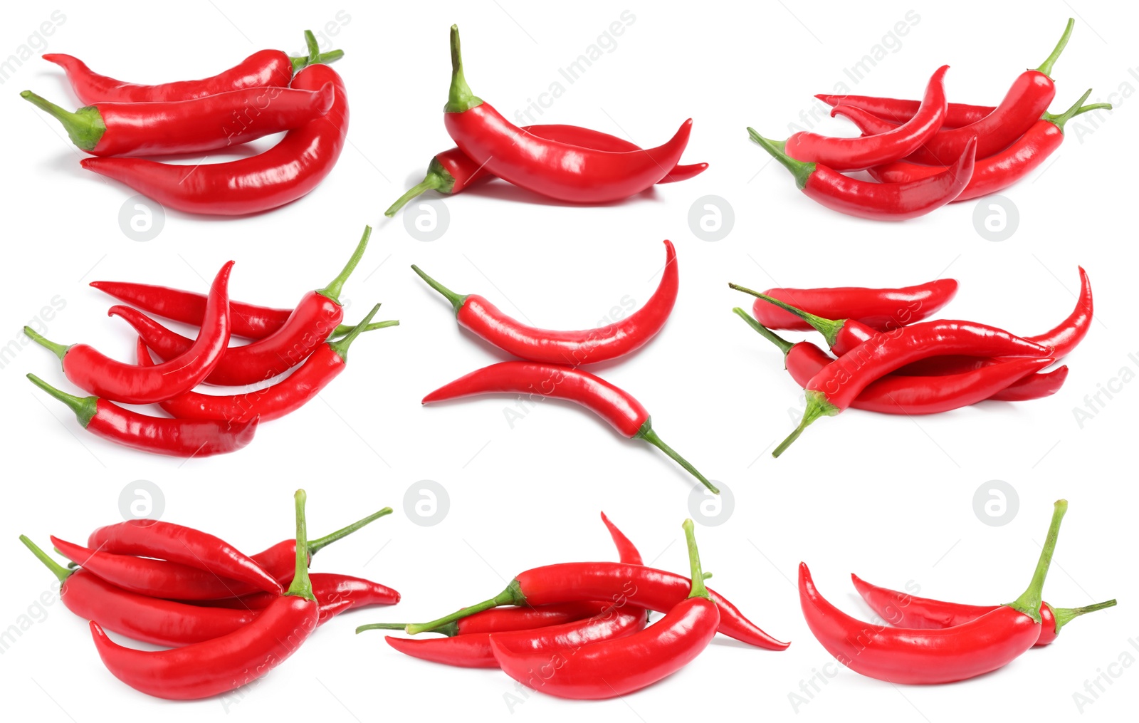 Image of Set with ripe red chili peppers on white background