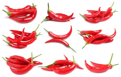 Set with ripe red chili peppers on white background