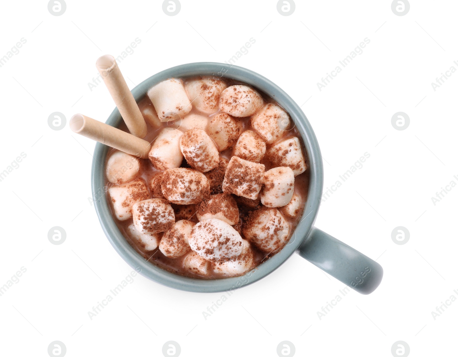 Photo of Cup of aromatic hot chocolate with marshmallows and cocoa powder isolated on white, top view