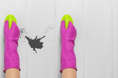 Image of Woman in pink gloves cleaning white mattress with brush, closeup. Collage with photos before and after cleaning