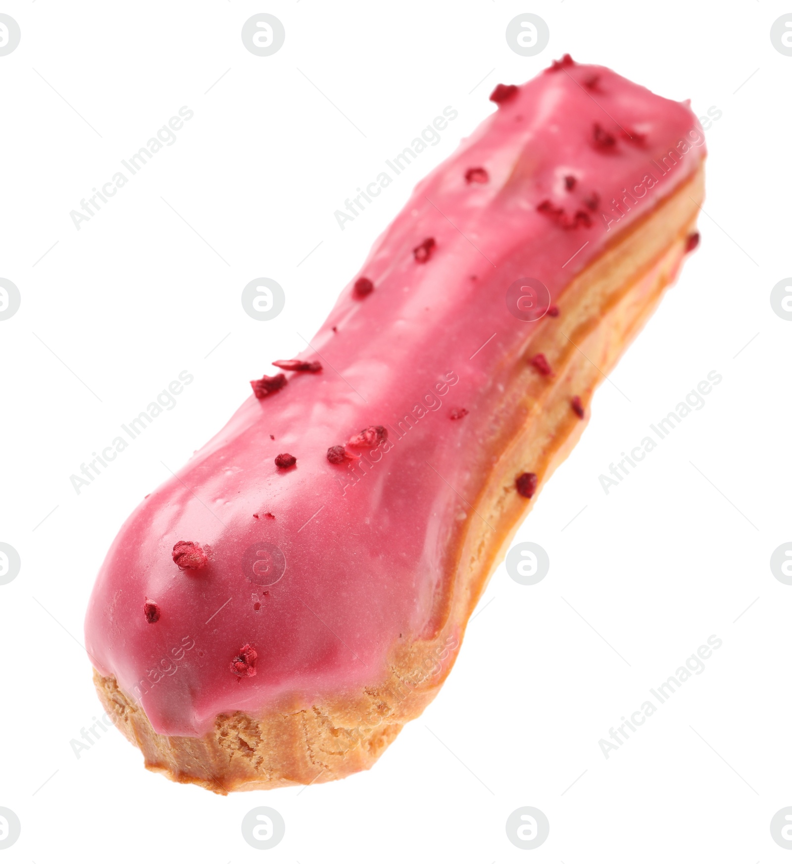 Photo of Delicious eclair covered with pink glaze isolated on white