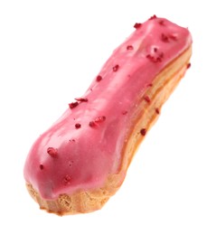 Photo of Delicious eclair covered with pink glaze isolated on white