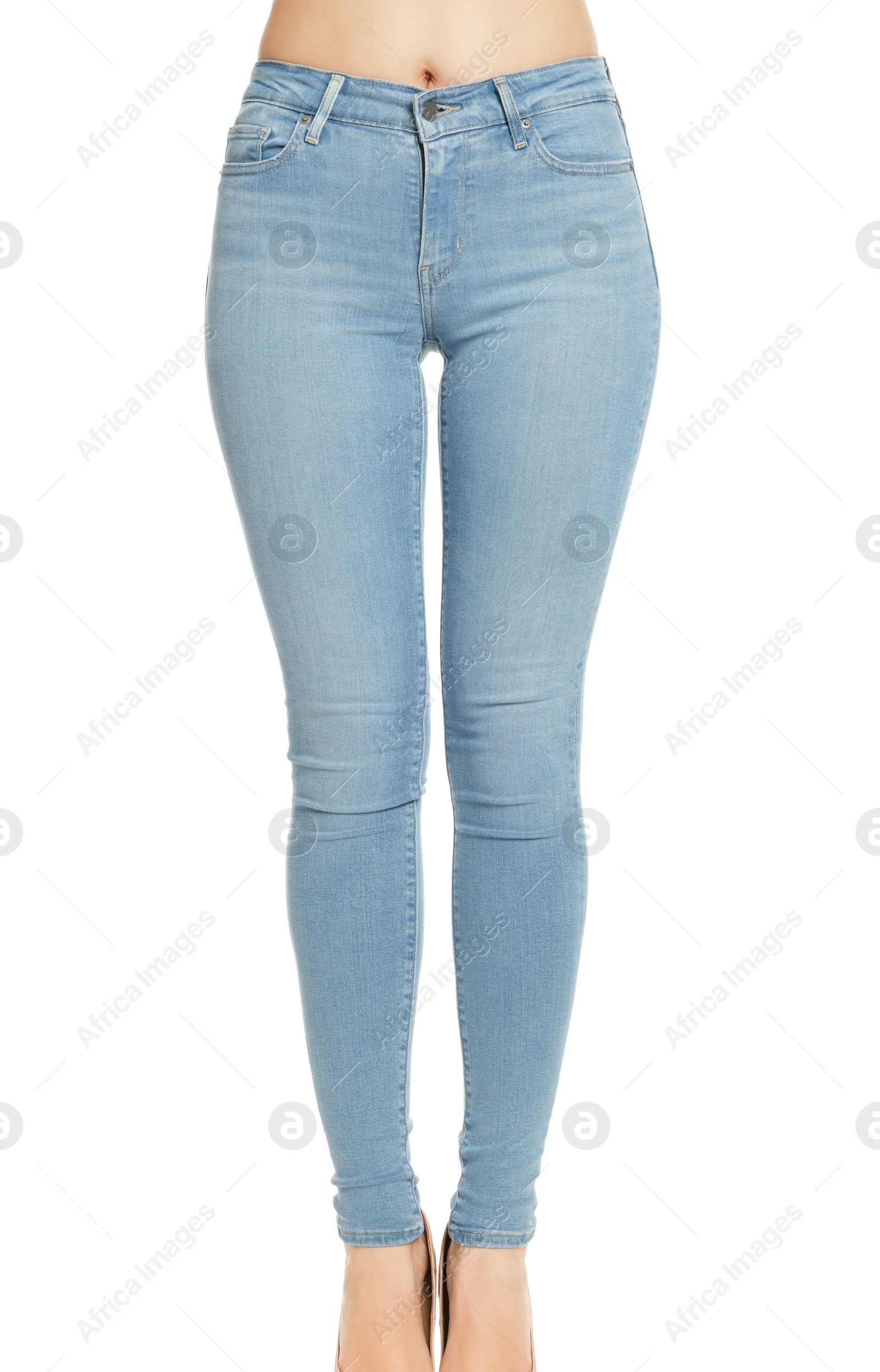 Photo of Woman wearing stylish light blue jeans on white background, closeup