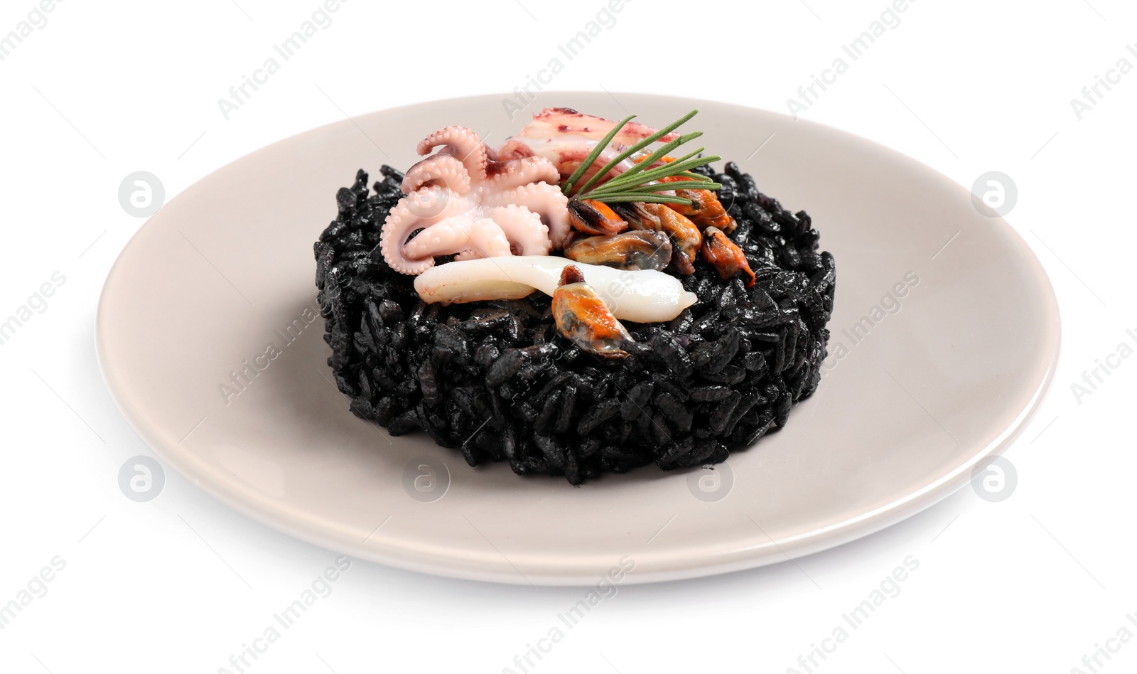 Photo of Delicious black risotto with seafood isolated on white