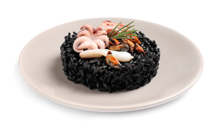 Delicious black risotto with seafood isolated on white