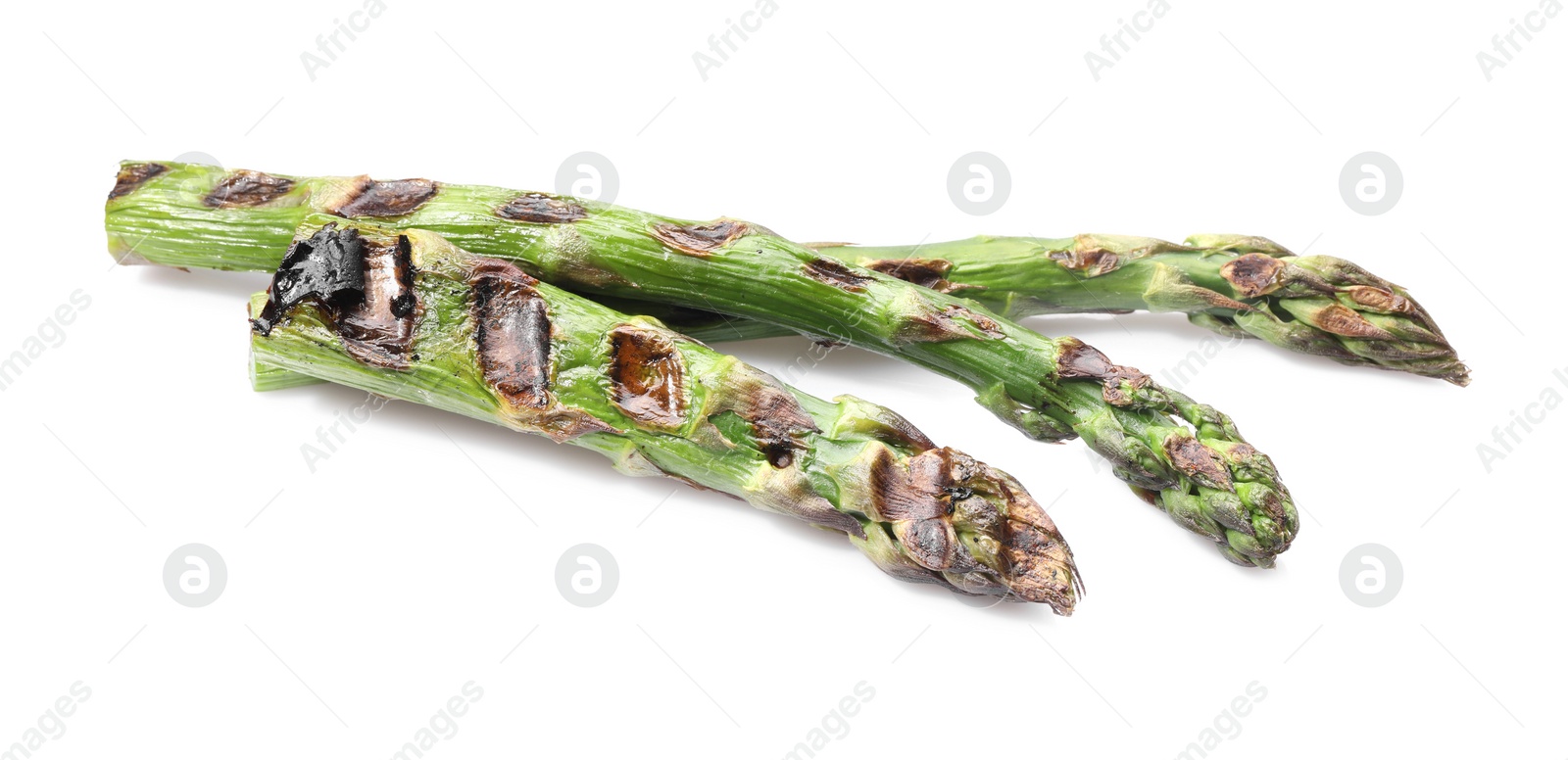 Photo of Tasty grilled green asparagus isolated on white