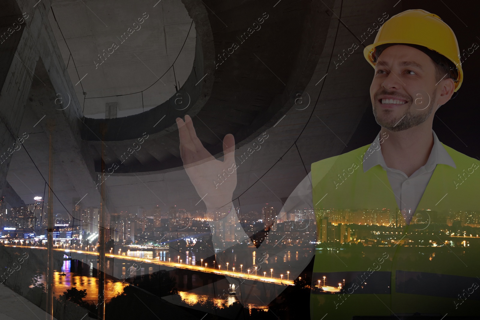 Image of Multiple exposure of engineer, building and night cityscape