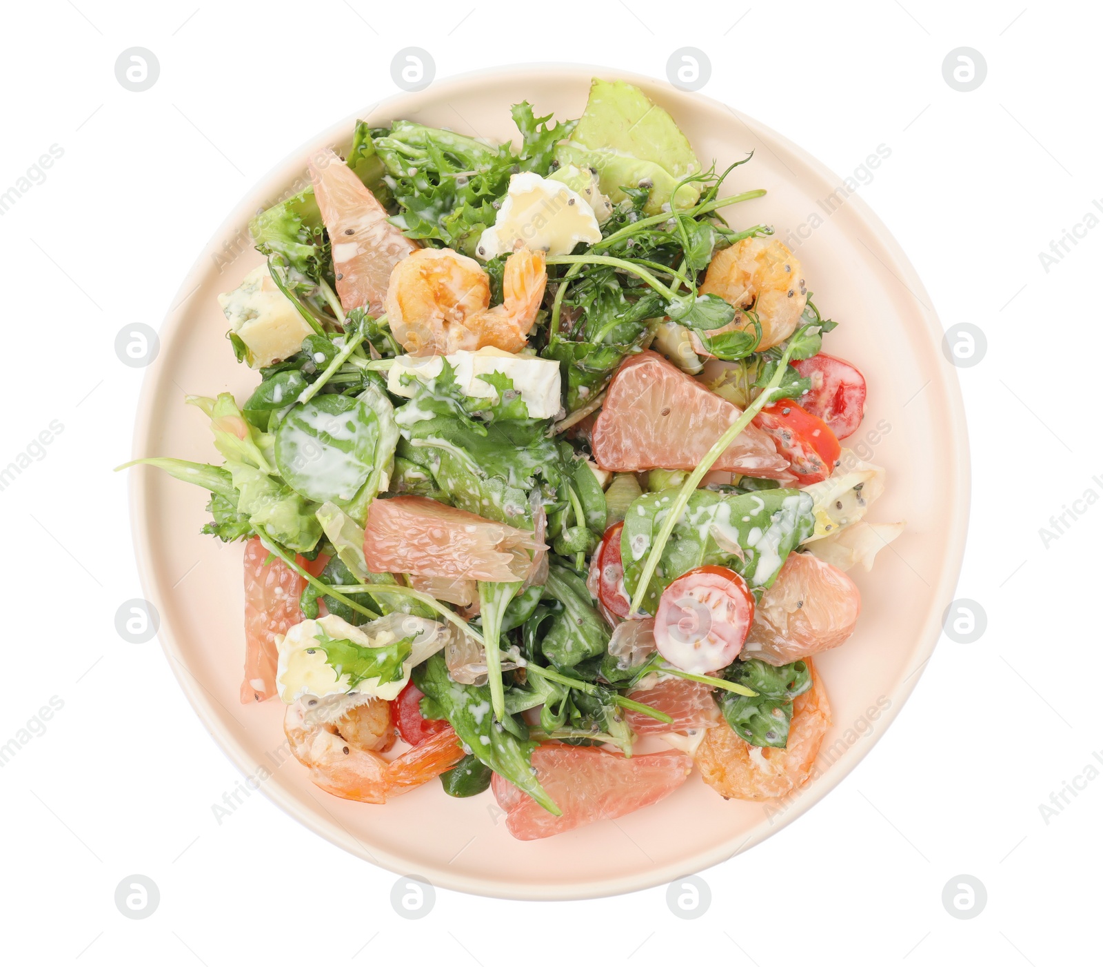 Photo of Delicious pomelo salad with shrimps and cheese on white background, top view